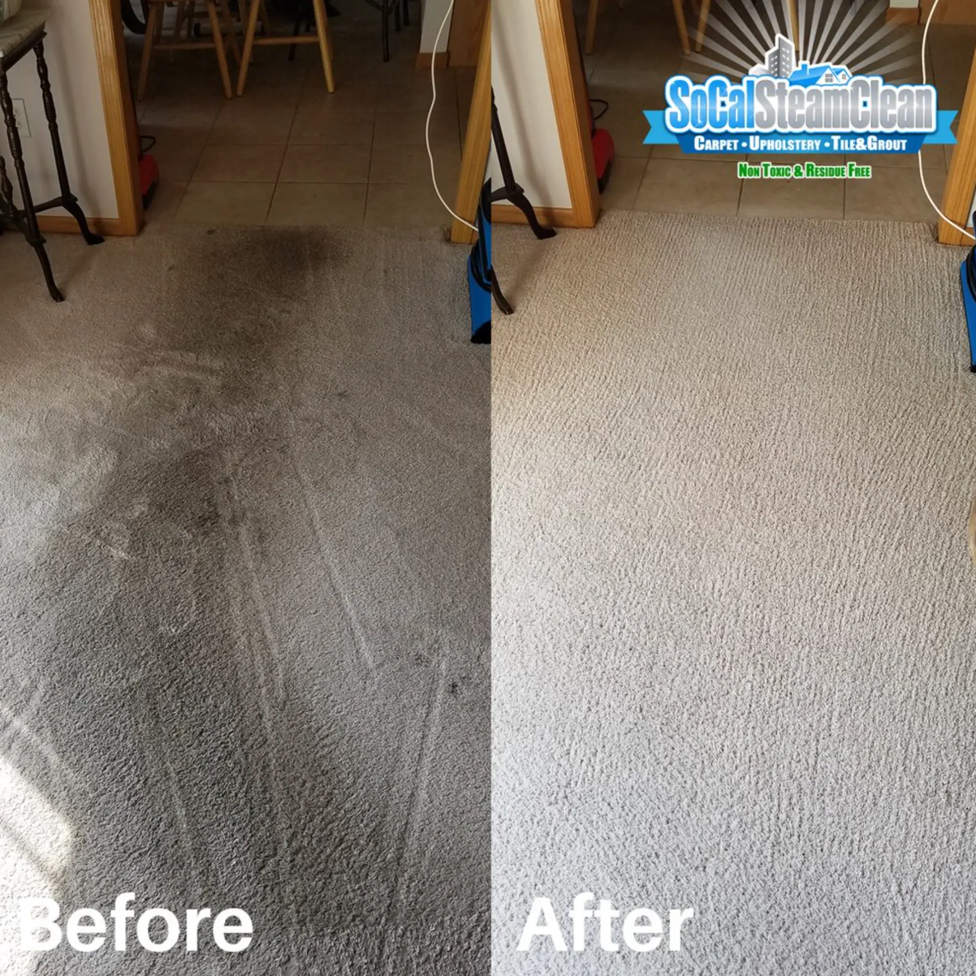 Heavy carpet traffic lane before and after steam cleaning in San Diego