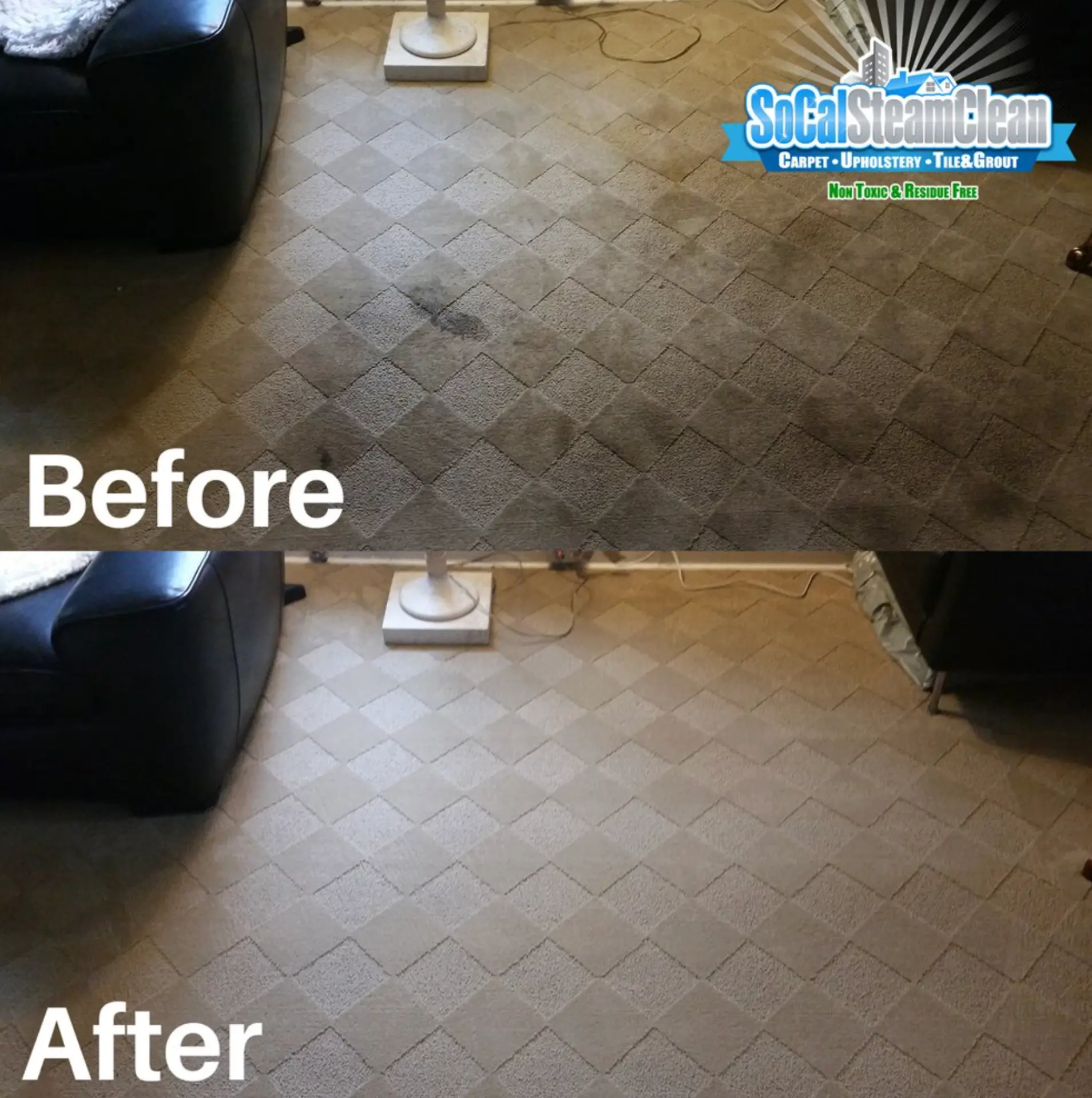 Before and after carpet cleaning in a San Diego living room by SoCal Steam Clean