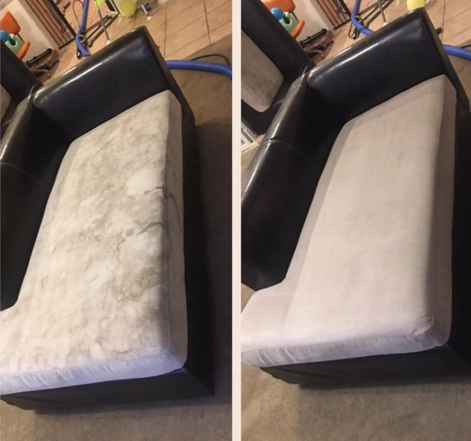 Sofa cushion before and after upholstery cleaning in San Diego