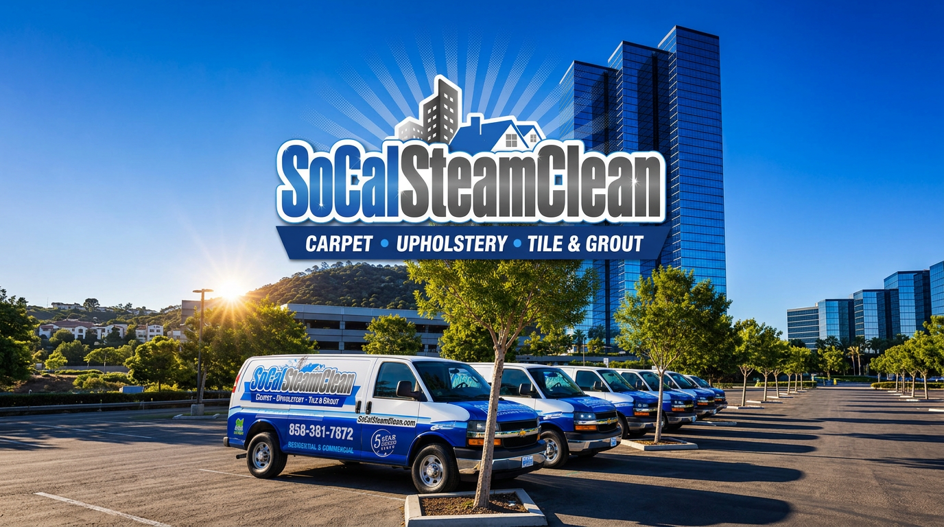 Fleet of SoCal Steam Clean branded vans parked outside blue glass office buildings in San Diego
