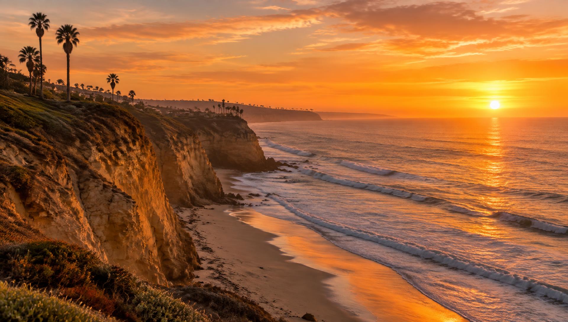Sunset over coastal cliffs and beach in Southern California