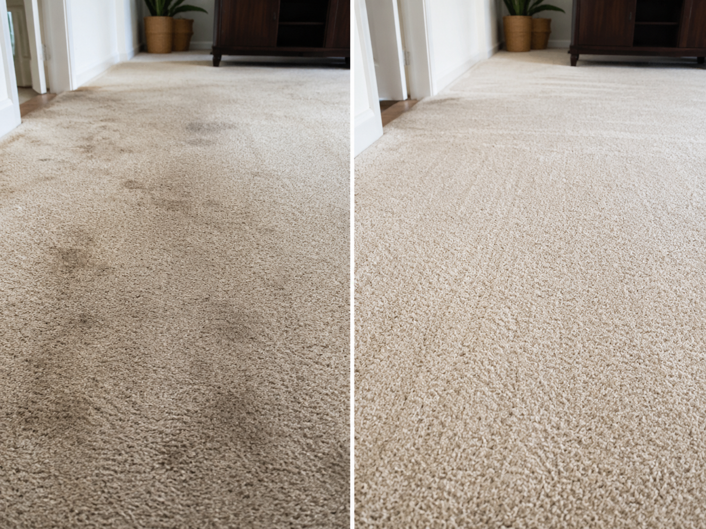 image showing a before-and-after comparison of a stained carpet section next to a freshly cleaned section
