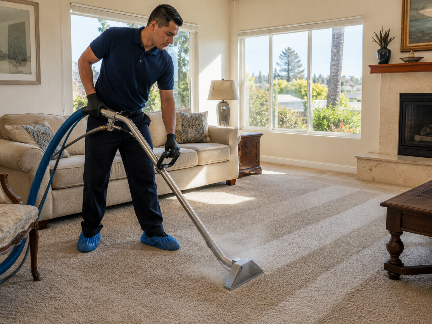 Best Carpet Cleaning Service in San Diego: A technician using a professional hot water extraction machine to deep clean a living room carpet in a San Diego home, with visible clean stripes across the carpet