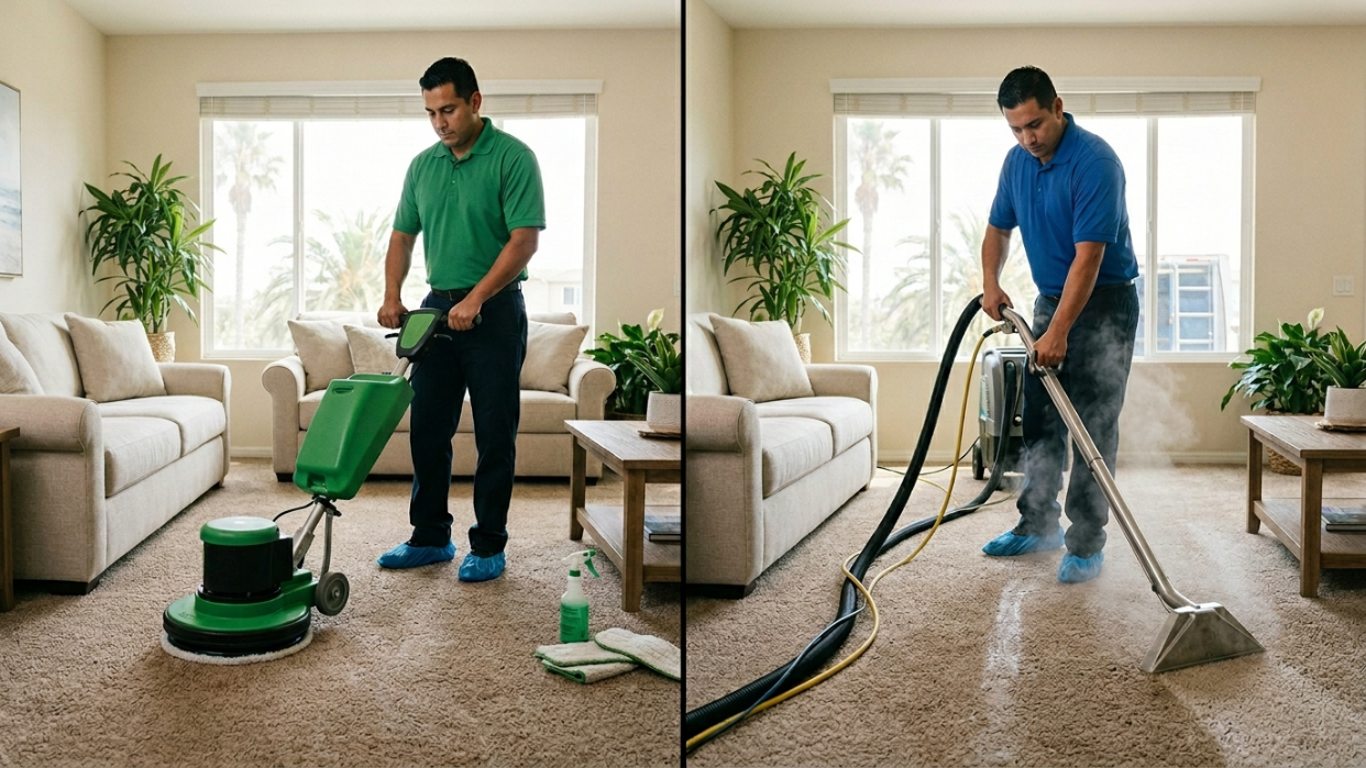 Side-by-side comparison of a technician using a green-certified low-moisture cleaner versus a traditional steam extraction unit in a sunlit San Diego living room
