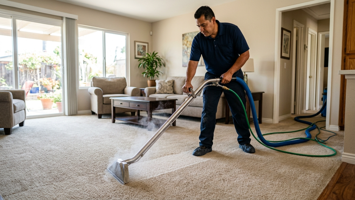A technician operating a hot water extraction wand on a living room carpet in a sunlit San Diego home, steam visible at the carpet surface