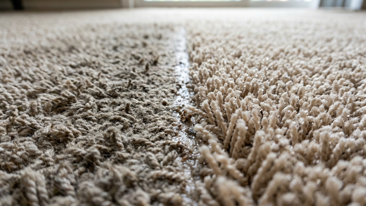 Close-up split view of a carpet fiber half-cleaned by hot water extraction, showing the visible before-and-after contrast