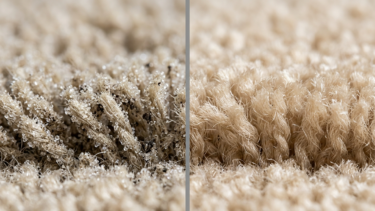 Side-by-side close-up of carpet fibers showing encapsulation crystals on one side and freshly extracted clean pile on the other, illustrating the two cleaning approaches