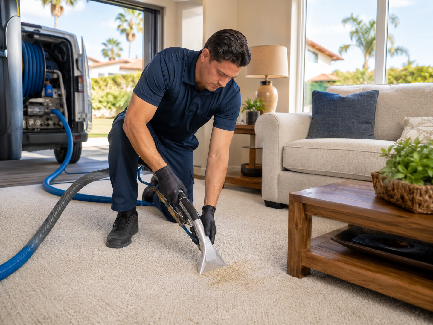Professional carpet technician treating a pet urine stain on a living-room carpet in a Carlsbad home, steam-cleaning equipment visible