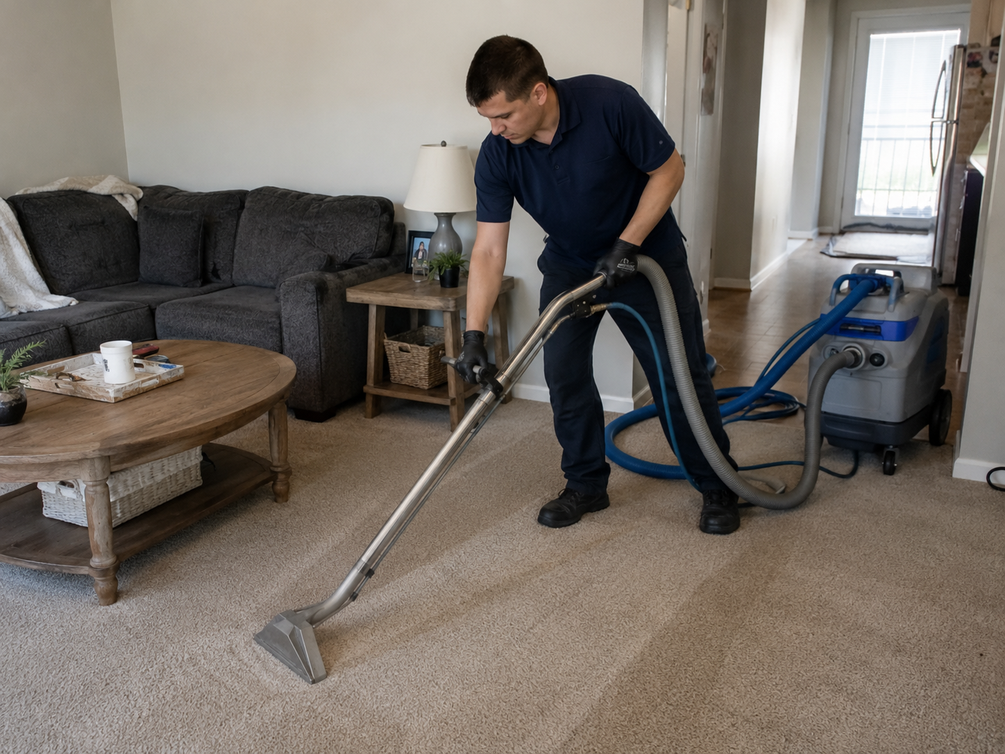 eco-friendly carpet cleaning San Diego: A technician deep-cleaning a living-room carpet with a low-moisture steam machine in a bright San Diego home, showing visibly refreshed fibers