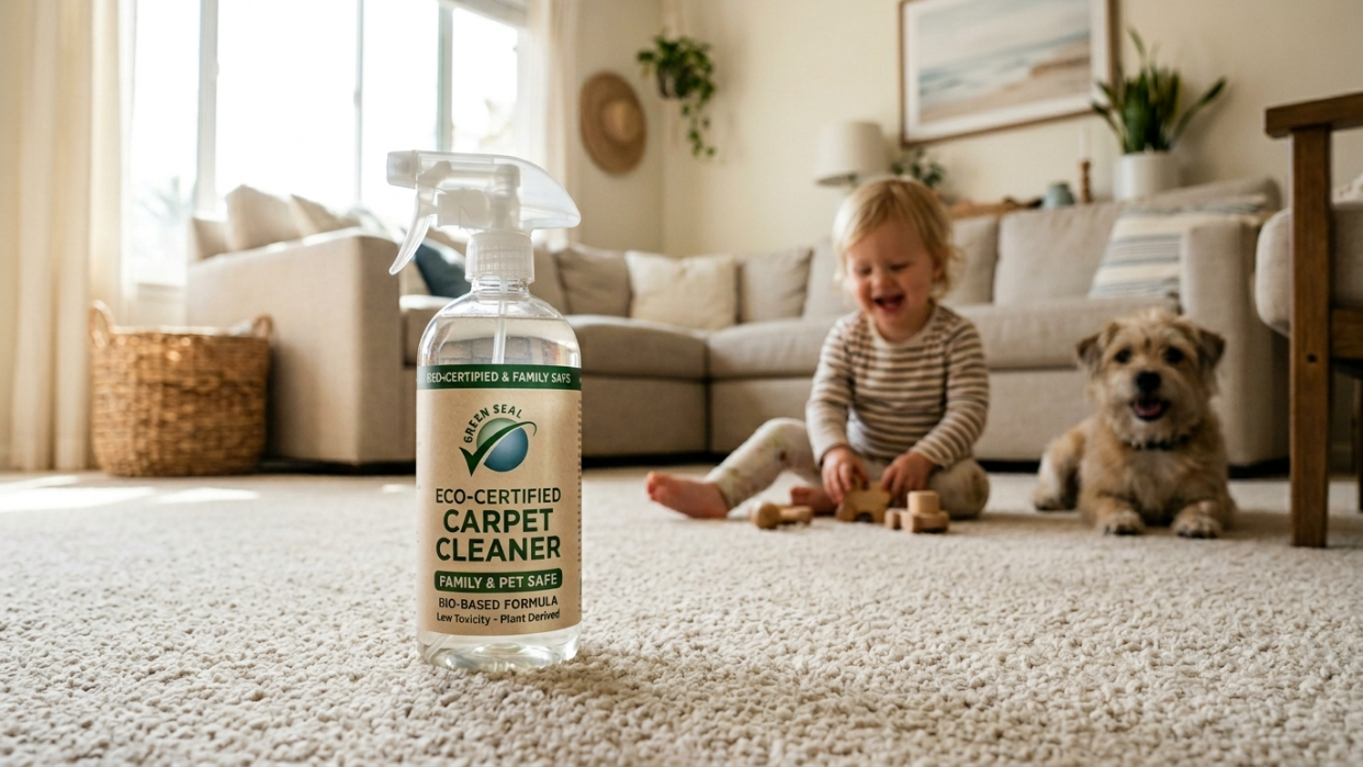 Close-up of a Green Seal certification label on a carpet cleaning solution bottle next to a pet and a toddler playing on freshly cleaned carpet