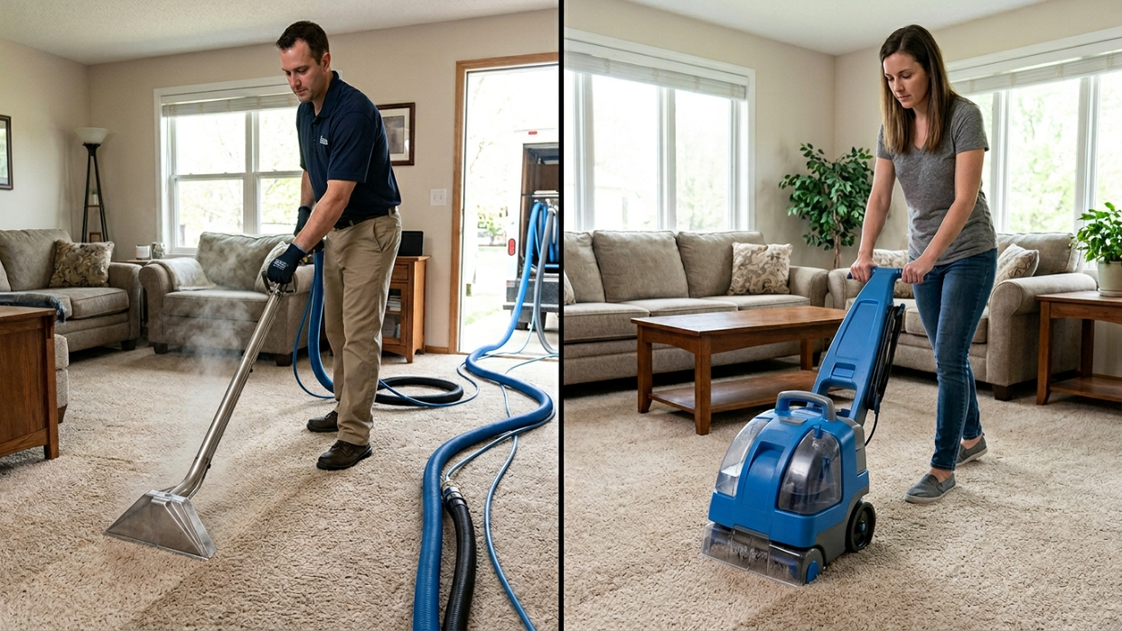 Side-by-side split image showing a technician operating a truck-mounted hot water extraction wand on the left and a homeowner pushing a rental carpet machine on the right