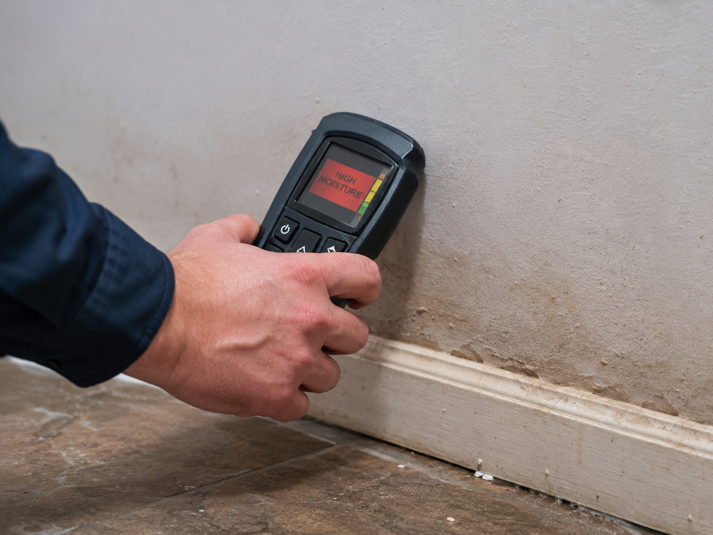 Close-up of a moisture meter reading elevated water content in a baseboard and drywall after a leak