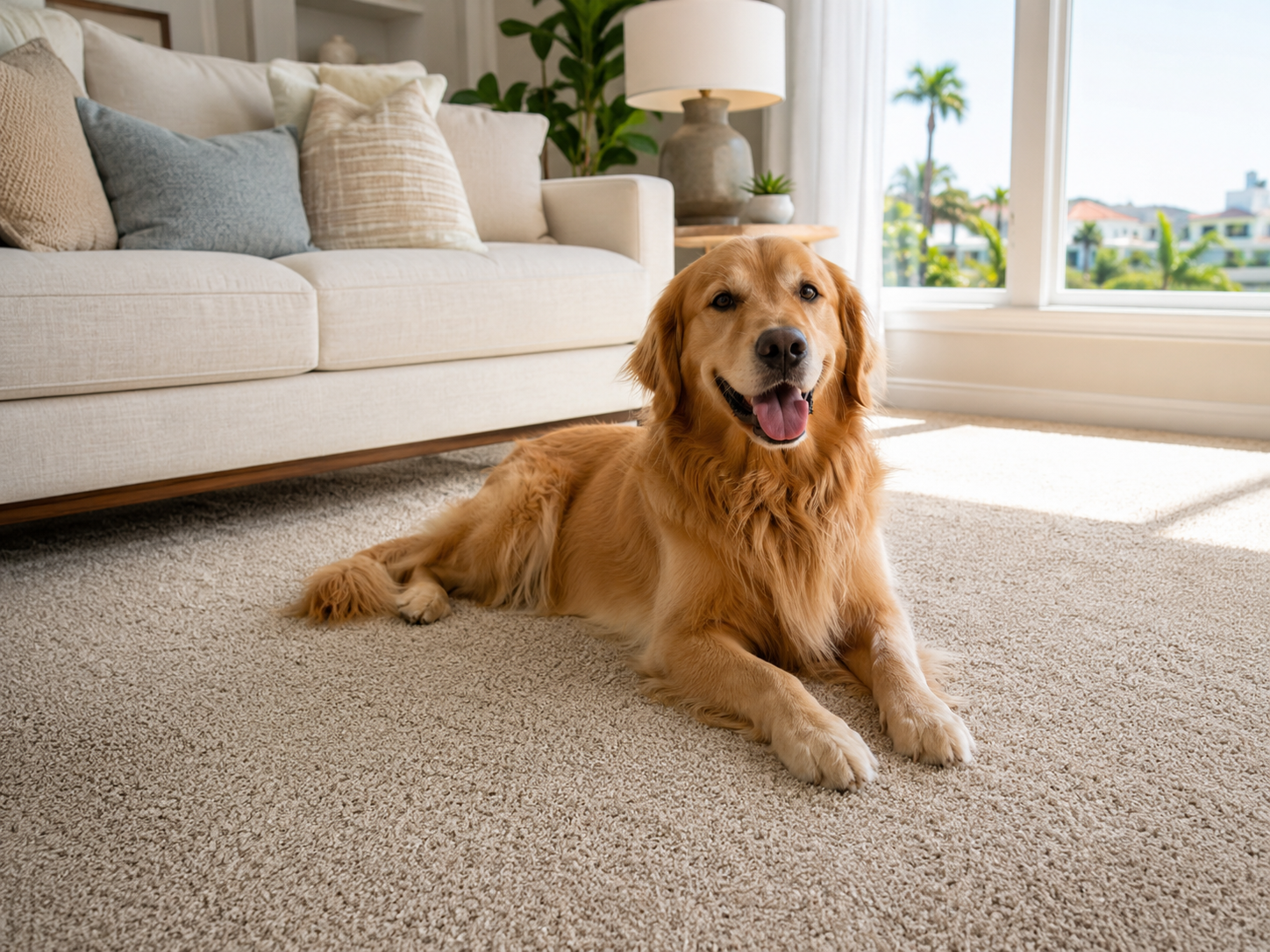 Pet Stain & Odor Removal Carlsbad: Carlsbad living room with a golden retriever on freshly cleaned, spotless beige carpet near a sunny window