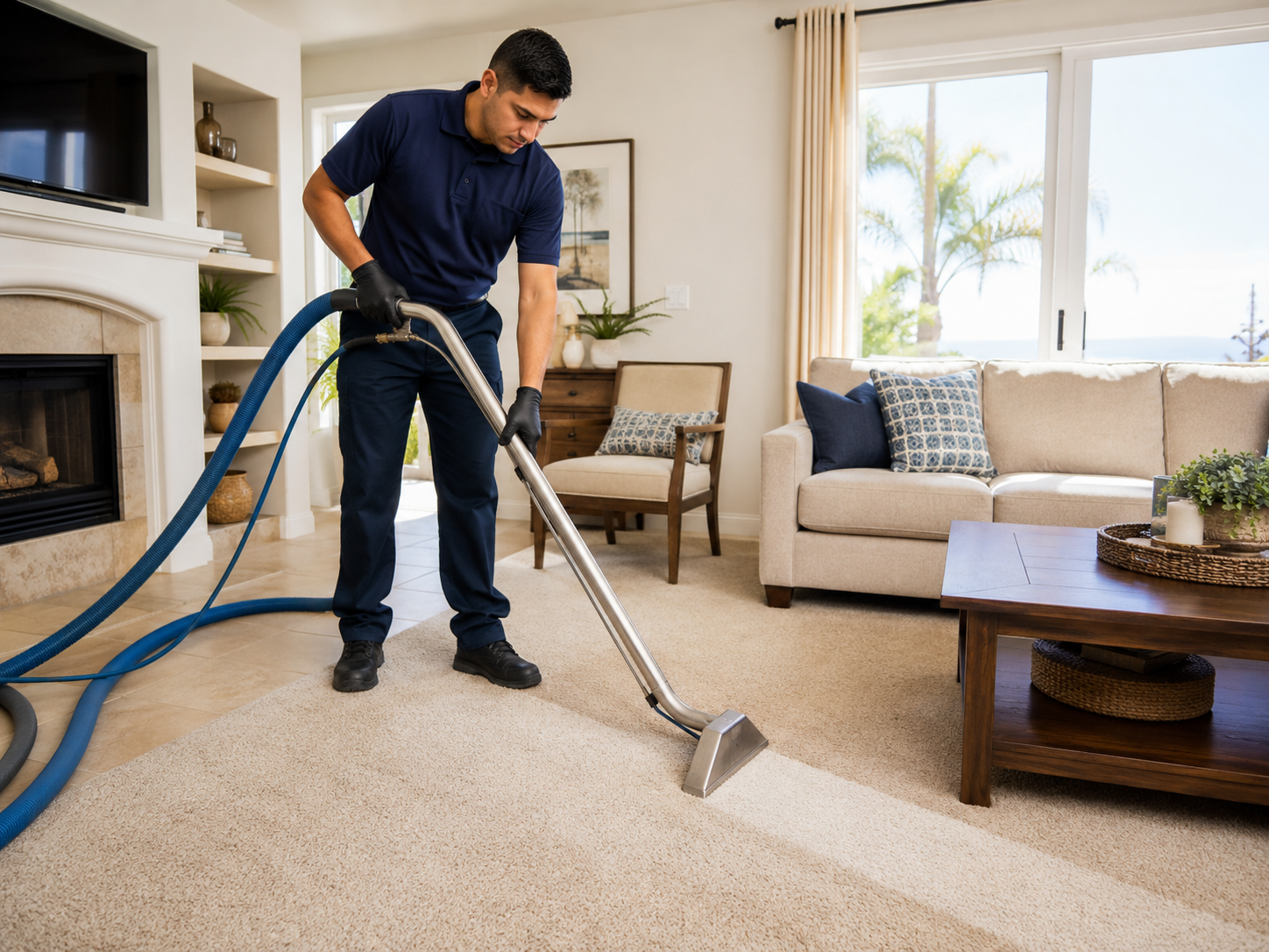 image showing a professional carpet cleaning technician cleaning a living room carpet in a San Diego home