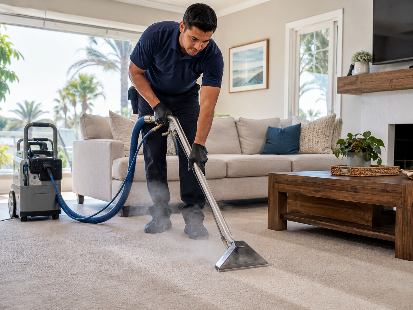 Eco-Friendly Carpet Cleaning San Diego Guide: A technician deep-cleaning a living room carpet with a steam extraction machine in a bright San Diego home — alt text: "Eco-friendly carpet cleaning in progress in a San Diego living room