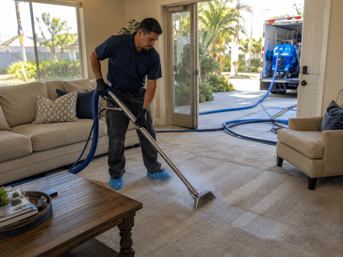 IICRC Certified Carpet Cleaners San Diego: image showing a SoCal Steam Clean technician operating a truck-mounted hot-water extraction unit on living room carpet in a San Diego home