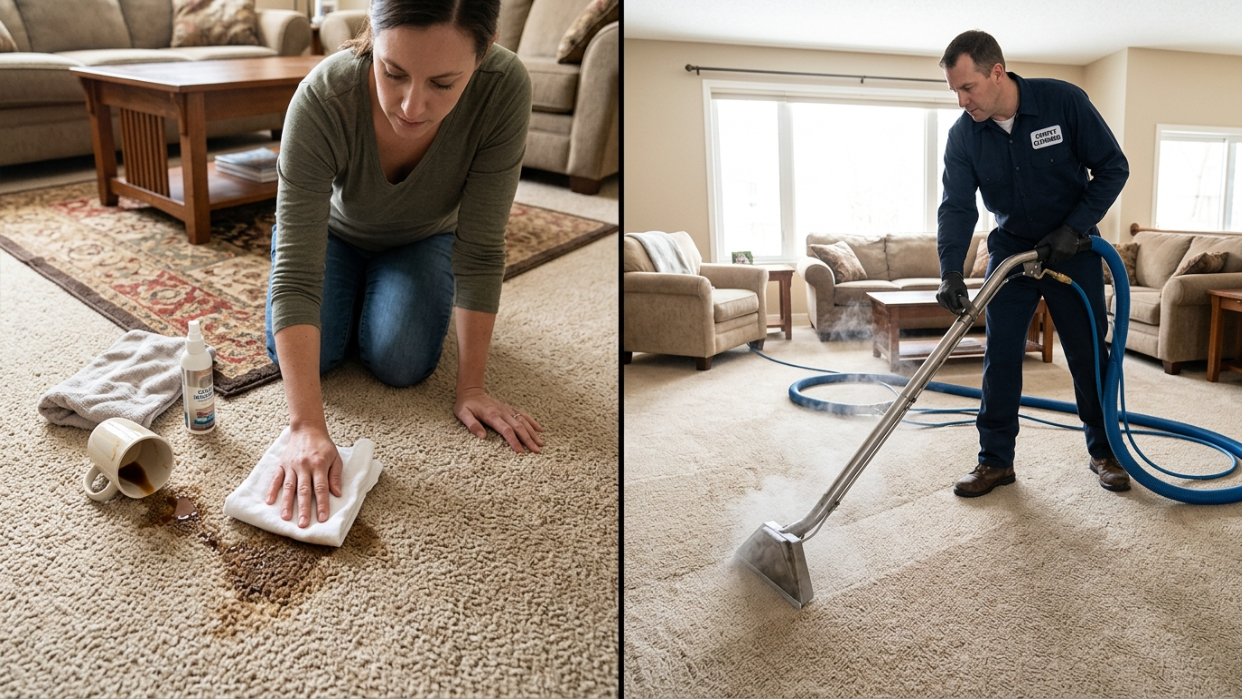 Split-screen photo showing a person blotting a single coffee stain on one side and a technician steam cleaning an entire living room carpet on the other
