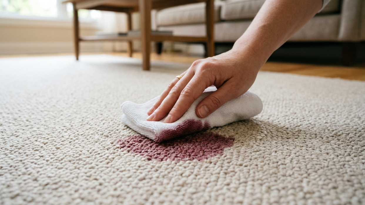 Close-up of a hand blotting a red wine spill on light beige carpet with a microfiber cloth