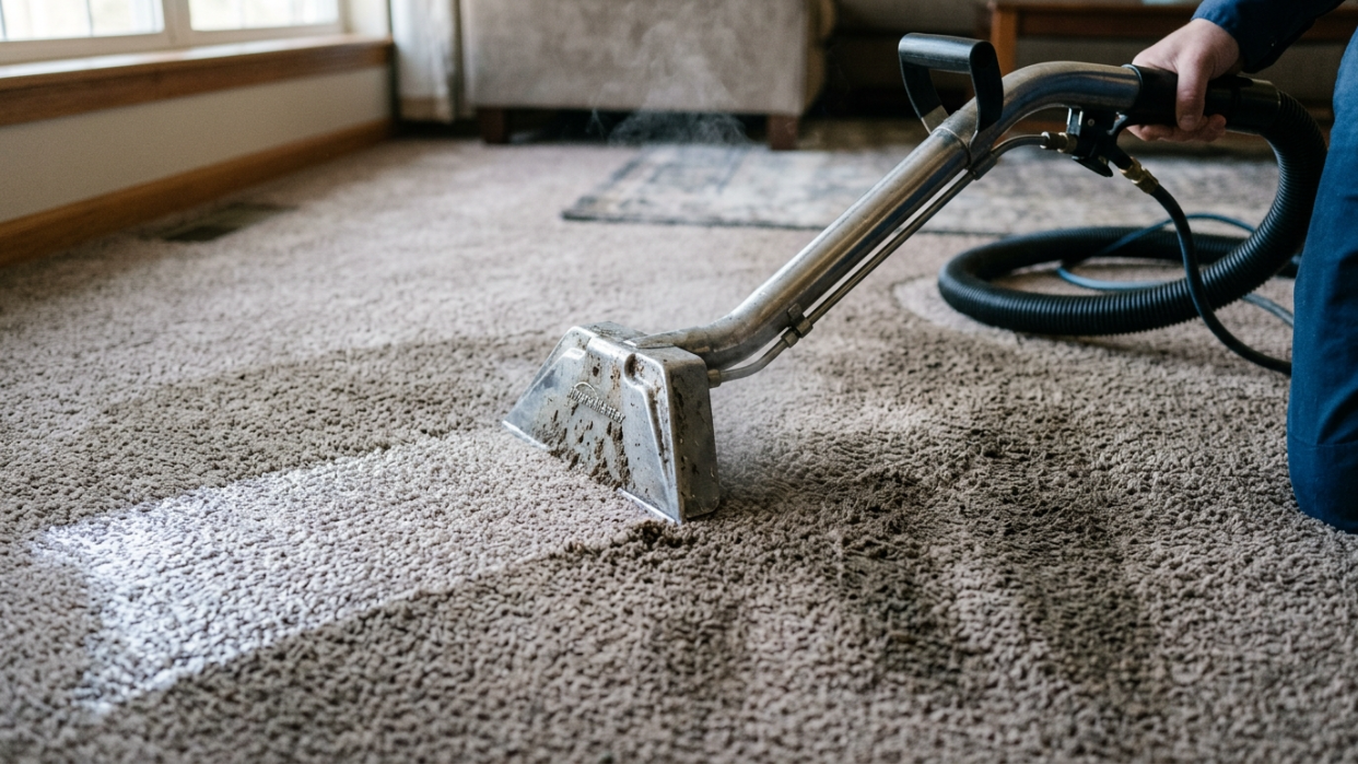 Close-up of a hot water extraction wand lifting visible dirt from a carpet lane, with a clean stripe contrasting against a soiled section