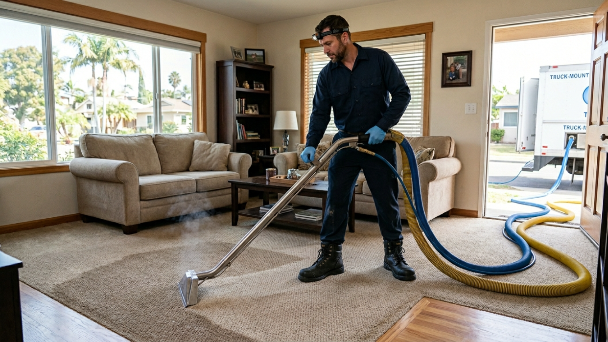 : A professional technician operating a truck-mounted hot water extraction machine on a living-room carpet in a San Diego home, steam visibly rising from the wand