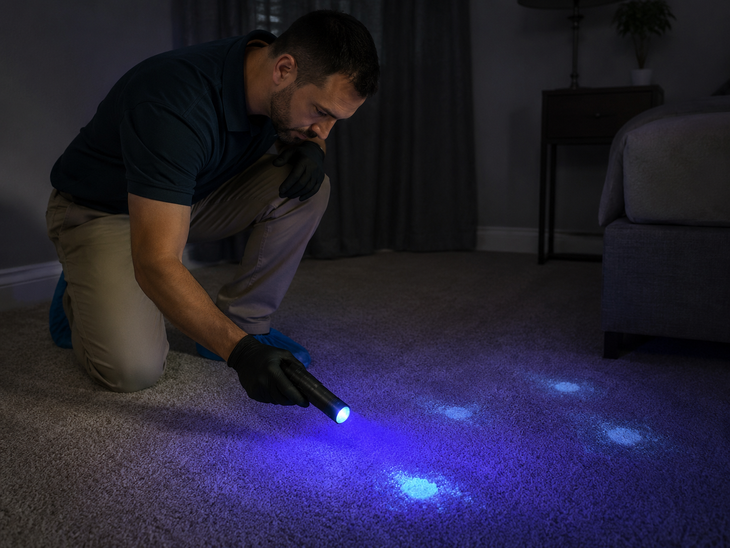 Pet Stain Removal Service Carlsbad: Technician using a UV light to detect hidden pet urine deposits on carpet in a darkened room