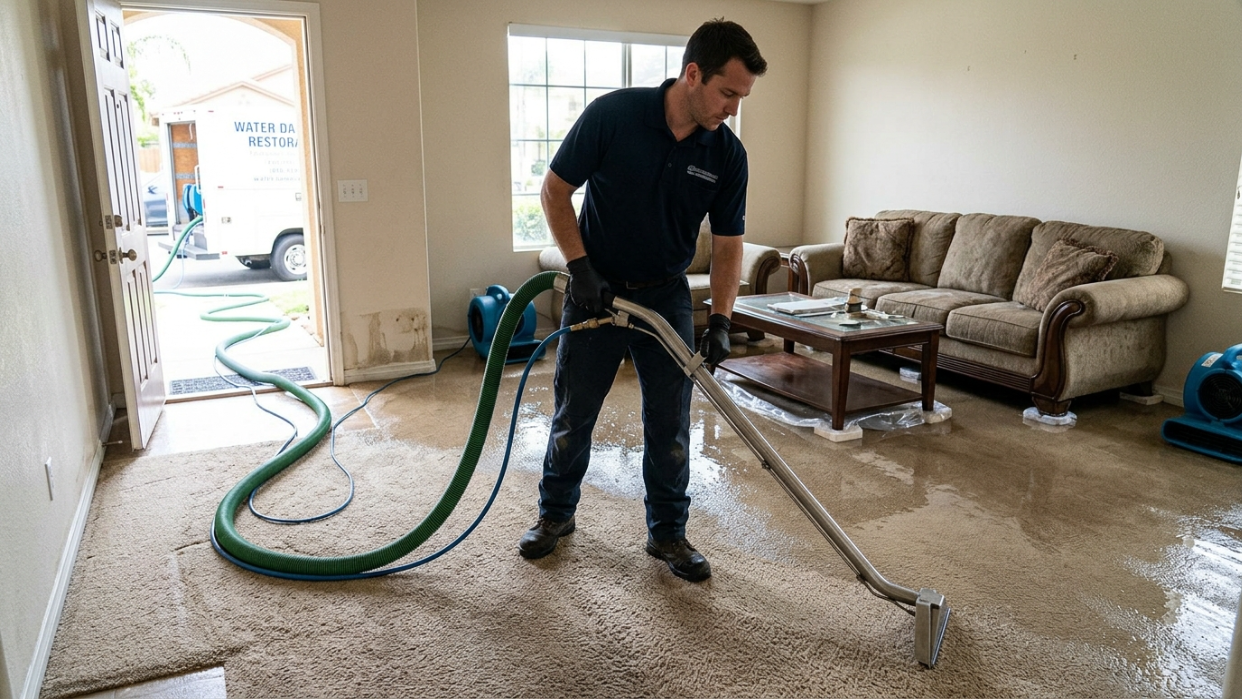 Emergency Water Damage Restoration San Diego: Technician using a truck-mounted extraction unit to remove standing water from a flooded San Diego living room carpet